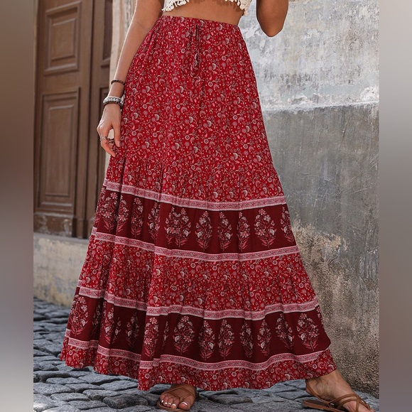 Boho gypsy floral print maxi skirt cinch waist red - Picture 1 of 6